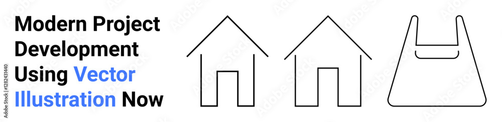 Simple line art of two house outlines and a shopping bag. Ideal for architecture, design, urban planning, retail, modern living, sustainability, flat landing page banner Simple line art of two house outlines and a shopping bag. Ideal for architecture, design, urban planning, retail, modern living, sustainability, flat landing page banner