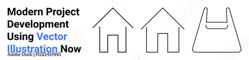 Simple line art of two house outlines and a shopping bag. Ideal for architecture, design, urban planning, retail, modern living, sustainability, flat landing page banner