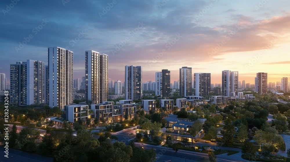 Obraz premium A panoramic cityscape showcasing modern real estate, high-rise buildings, and urban expansion at twilight.