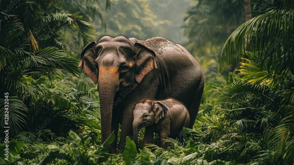 Fototapeta premium Elephants Mother and Calf in a Lush Rainforest