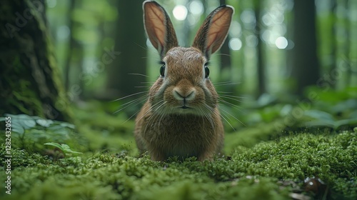 Forest Rabbit Portrait, Focused Gaze, Lush Green Mossy Ground, Nature's Beauty, Wildlife Photography photo