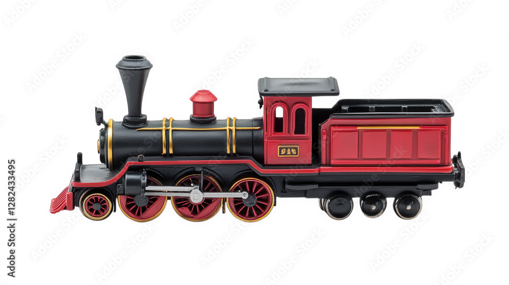 Fototapeta premium classic model steam locomotive. showcasing a vibrant red and black color scheme with gold accents this toy train is designed for play and display. appealing to both children and collectors its intrica