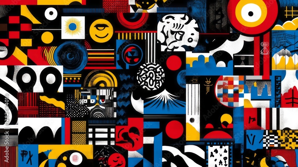 Abstract geometric collage presents dynamic patterns and diverse imagery Abstract geometric collage presents dynamic patterns and diverse imagery
