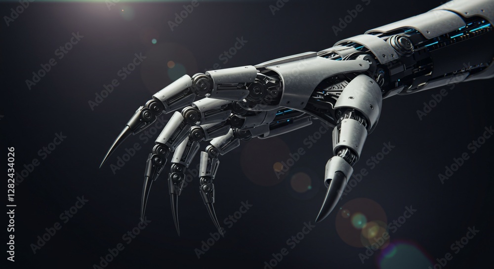 High-detail 3D rendering of a futuristic robotic hand reaching out High-detail 3D rendering of a futuristic robotic hand reaching out