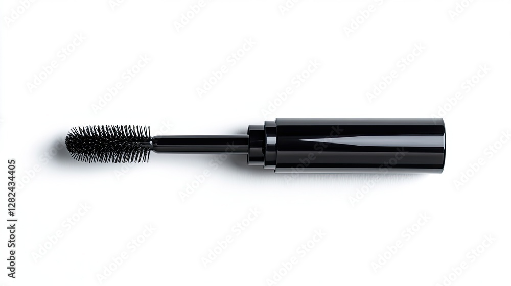 A sleek black mascara tube with an open brush, showcasing fine bristles for perfect lash application, isolated on white. A sleek black mascara tube with an open brush, showcasing fine bristles for perfect lash application, isolated on white.