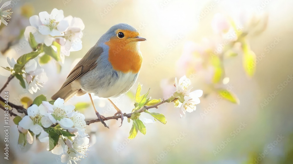 Fototapeta premium Robin perched on blossoming apple tree branch, spring morning light