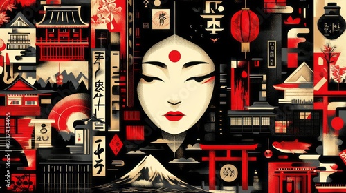 Abstract oriental artwork depicting geisha face with japanese elements