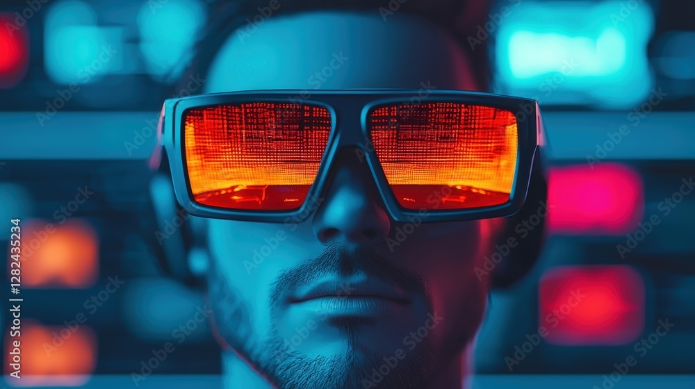 A futuristic individual wearing sleek, illuminated glasses, surrounded by vibrant digital elements, conveying a high-tech atmosphere. A futuristic individual wearing sleek, illuminated glasses, surrounded by vibrant digital elements, conveying a high-tech atmosphere.