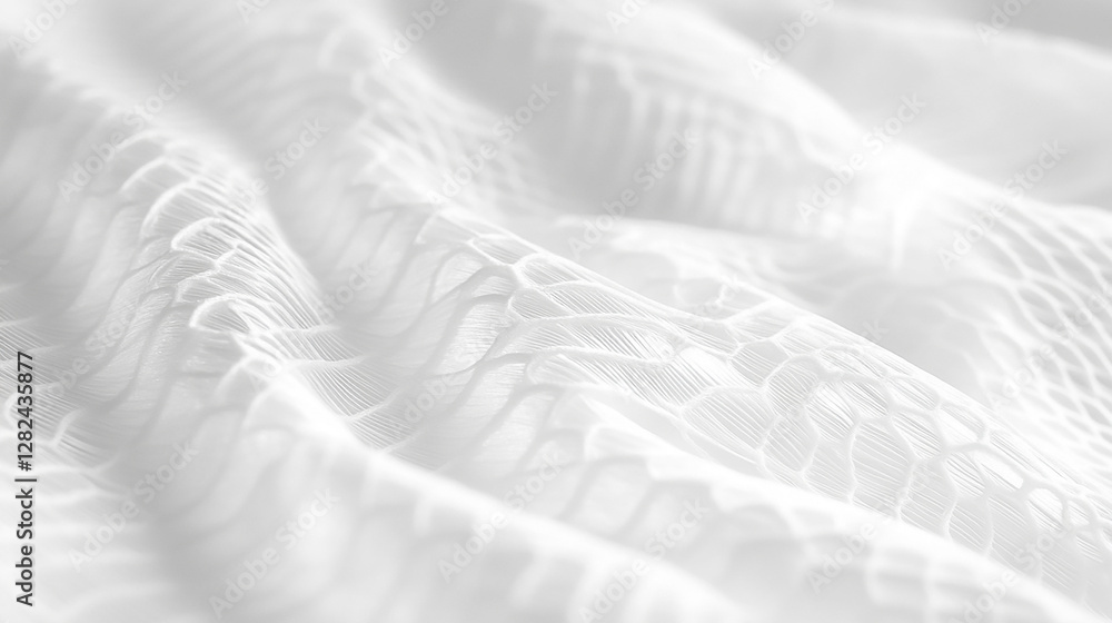 Obraz premium Textured white fabric with intricate patterns, softly illuminated, creating a serene and elegant atmosphere