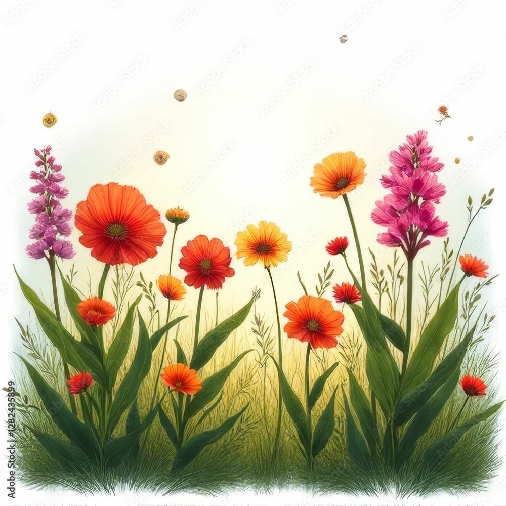 Fototapeta premium Vibrant Garden Scene with Colorful Wildflowers and Bees in a Bright Natural Setting