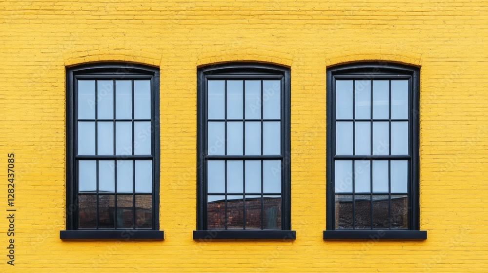 A stylish urban design featuring three large black windows against a bright yellow brick wall in perfect symmetry. A stylish urban design featuring three large black windows against a bright yellow brick wall in perfect symmetry.