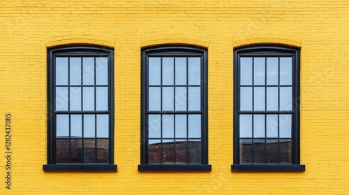 A stylish urban design featuring three large black windows against a bright yellow brick wall in perfect symmetry.