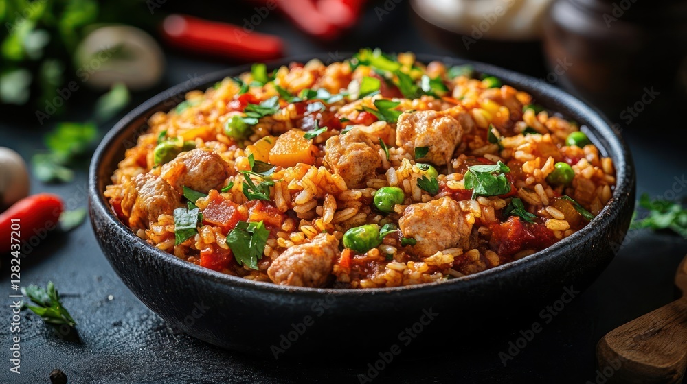 A bowl of jambalaya with chicken and vegetables A bowl of jambalaya with chicken and vegetables