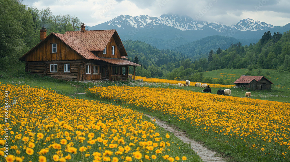 Spring season of a countryside farm awakening with blooming flowers and grazing animals Spring season of a countryside farm awakening with blooming flowers and grazing animals