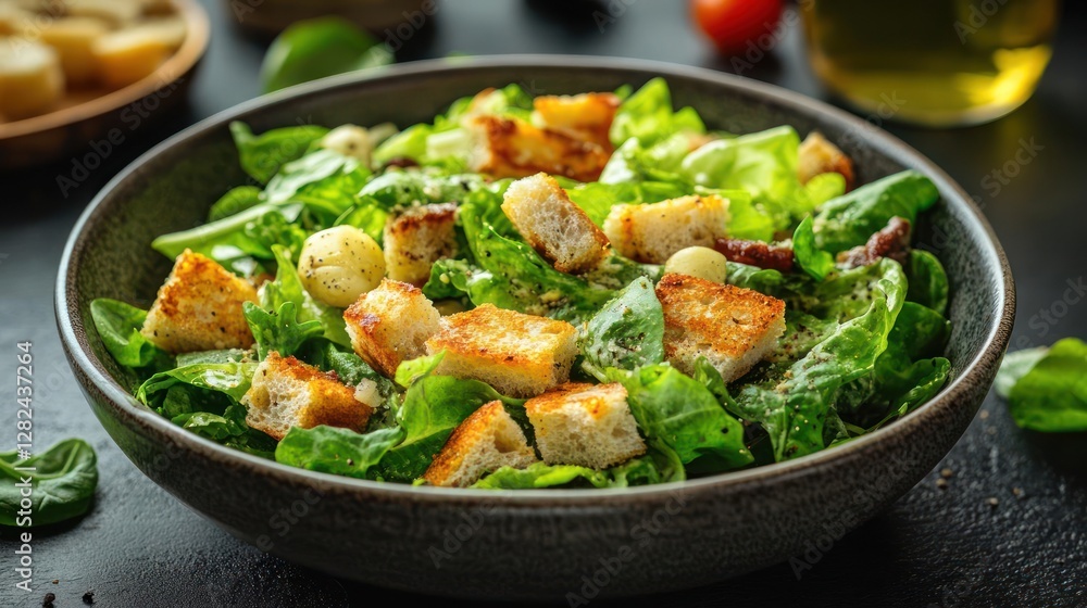 A bowl of salad with croutons and greens A bowl of salad with croutons and greens