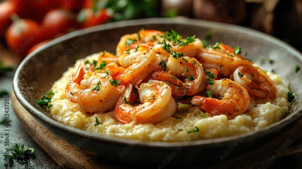 A bowl of shrimp and grits with tomatoes A bowl of shrimp and grits with tomatoes