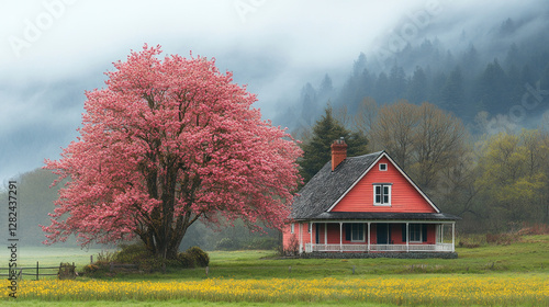 Spring season scene of a serene farmhouse surrounded by blooming cherry trees and green pastures photo