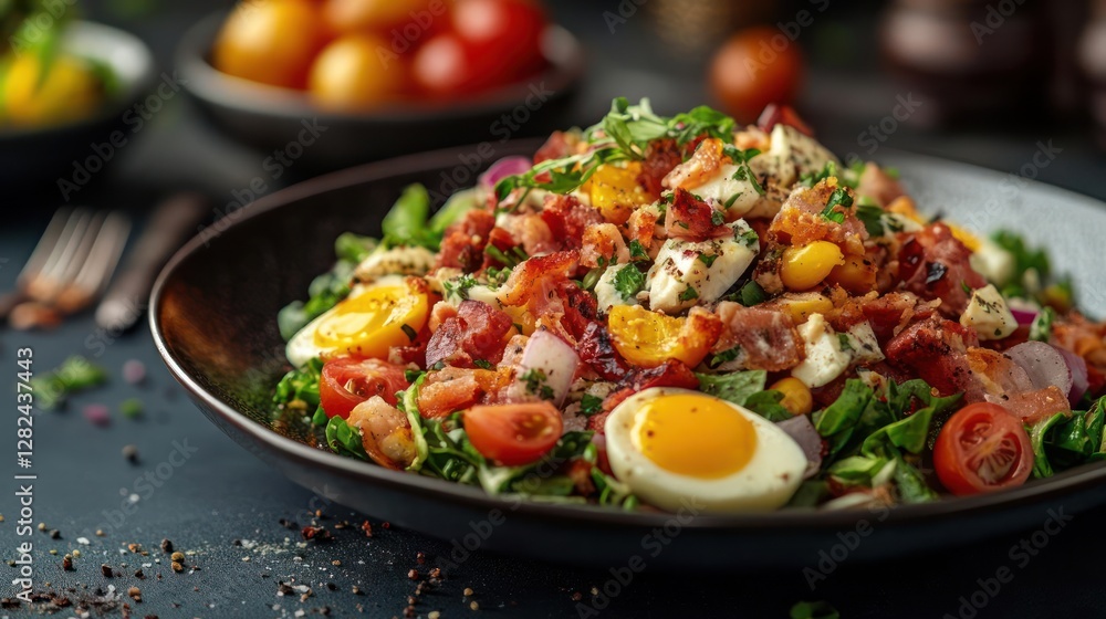 A colorful salad with mixed greens and various vegetables. A colorful salad with mixed greens and various vegetables.
