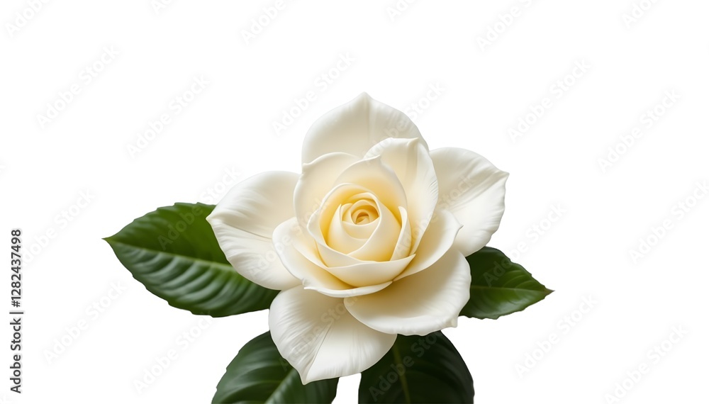 Creamy White Gardenia Flower with Glossy Green Leaves on White Background Creamy White Gardenia Flower with Glossy Green Leaves on White Background