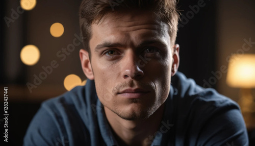 Serious Man Portrait with Focused Gaze and Moody Lighting Indoors