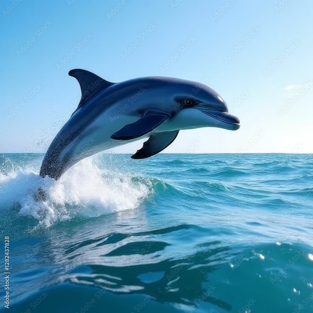 Fototapeta premium Energetic Dolphin Leaping Above Ocean Waves in Bright Blue Waters Under Clear Sky