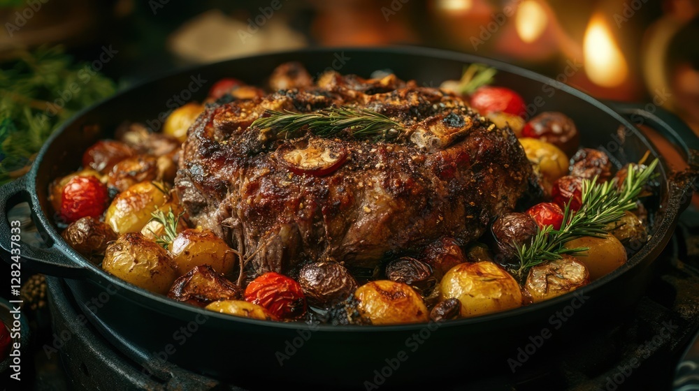 A large piece of meat with potatoes and tomatoes. A large piece of meat with potatoes and tomatoes.
