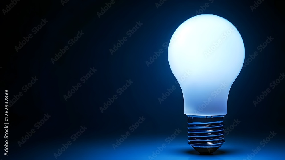 A single illuminated lightbulb against a dark blue background A single illuminated lightbulb against a dark blue background