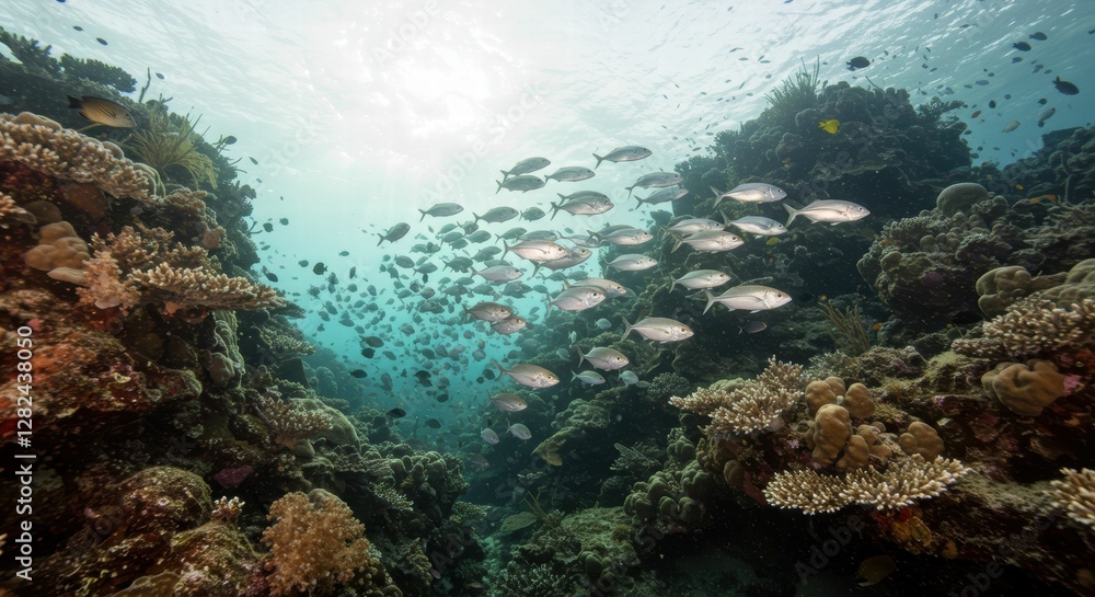 Naklejka premium Vibrant underwater scene with diverse marine life and coral.