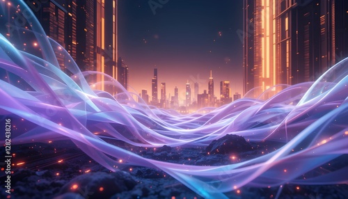 Elegant Cyan-Purple Swirl with Futuristic Neon City