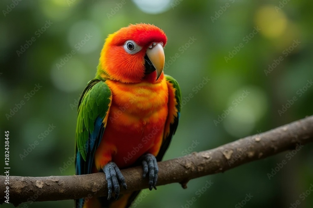 Colorful Parrot Perched on a Branch in Lush Greenery Captured in Stunning Detail with Soft Background Bokeh Effect Colorful Parrot Perched on a Branch in Lush Greenery Captured in Stunning Detail with Soft Background Bokeh Effect