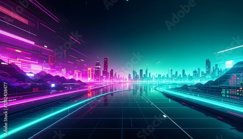 Wallpaper Mural Energetic Neon Glitch Background with Digital City Torontodigital.ca