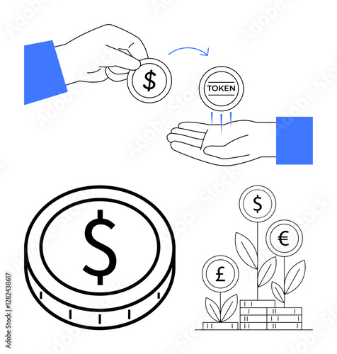Hand exchanging dollar for token, coins with currency signs, growing money plants on stacks. Ideal for finance, investments, token economy, digital currency, savings, business growth abstract line