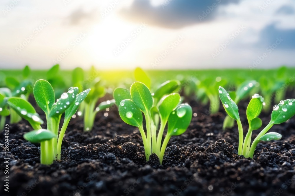 Sprouting seedlings in a field at sunrise, ideal for agriculture or environmental imagery Sprouting seedlings in a field at sunrise, ideal for agriculture or environmental imagery