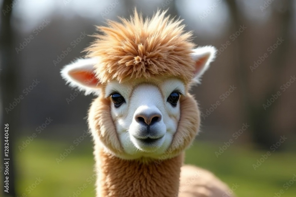 Charming Alpaca with Fluffy Fur Posing Playfully in a Nature Setting under Blue Sky and Bright Sunlight Charming Alpaca with Fluffy Fur Posing Playfully in a Nature Setting under Blue Sky and Bright Sunlight