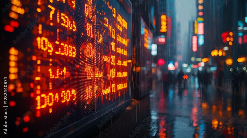 Red stock ticker in rainy city at night. Red stock ticker in rainy city at night.