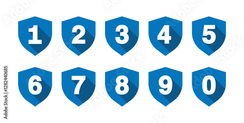 Numbers 1 to 0 in blue shields. Numerical symbols 1, 2, 3, 4, 5, 6, 7, 8, 9, 0. Set of digits. Flat style vector illustration