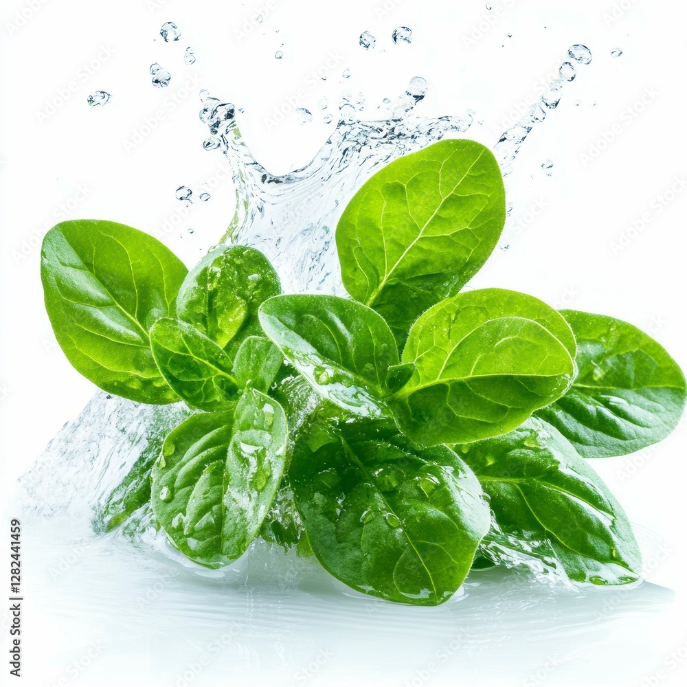 Obraz premium Fresh Green Spinach Leaves Splashing in Clear Water Displaying Purity and Natural Hydration