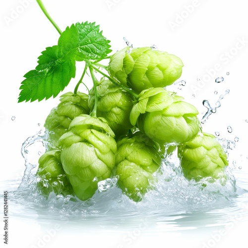 Fresh Hops Cascade Cluster with Splashing Water for Brewing Beer Ingredient Illustration photo