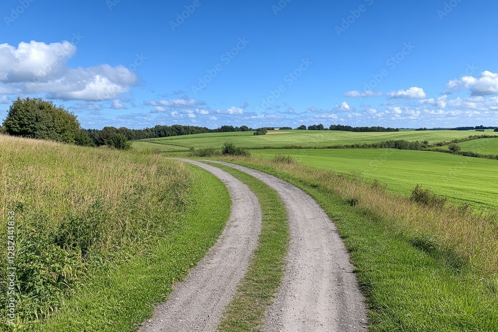 Fototapeta premium Panoramic view on a dirt road in September with corn, rapeseed, sugar beet and few trees