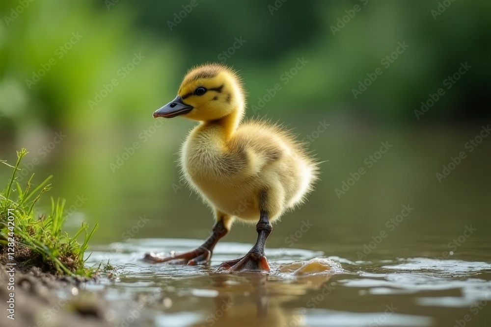 Adorable baby duckling standing in calm water, surrounded by lush greenery, capturing the essence of nature and wildlife photography Adorable baby duckling standing in calm water, surrounded by lush greenery, capturing the essence of nature and wildlife photography