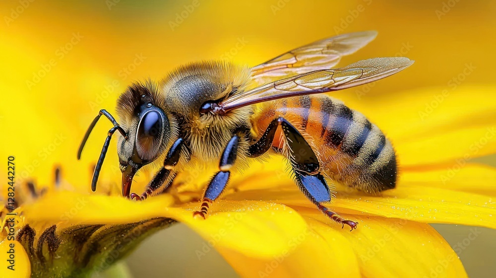 Bee collects pollen on yellow flower in garden during sunny day for pollination