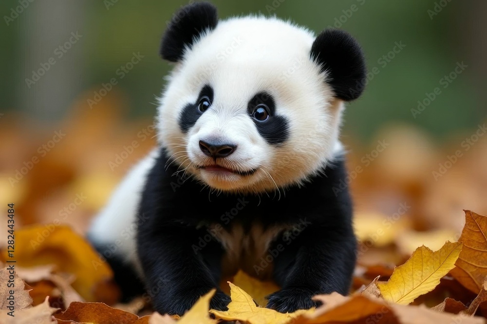 Obraz premium Adorable baby panda sitting among vibrant autumn leaves showcasing playful innocence and captivating charm in nature