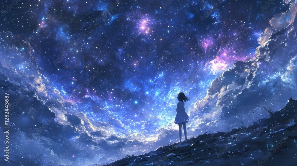 Obraz premium A breathtaking interstellar landscape featuring a swirling nebula illuminated by nearby stars.