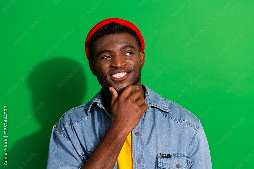 Stylish young man in a red beanie and denim shirt smiling thoughtfully against a vibrant green background Stylish young man in a red beanie and denim shirt smiling thoughtfully against a vibrant green background
