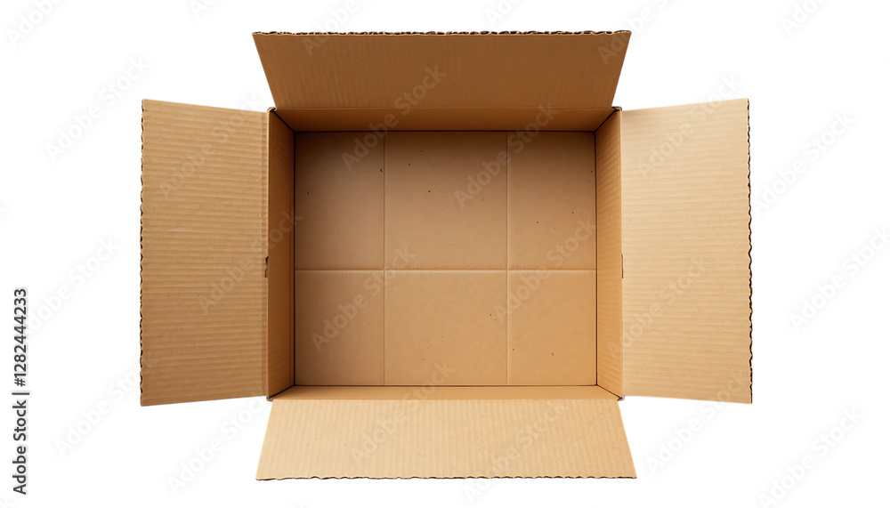 Top view of an open empty cardboard box with flaps png Top view of an open empty cardboard box with flaps png
