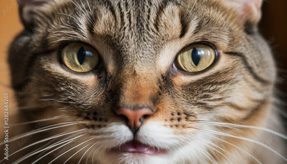 Close Up of Tabby Cat Face with Curious Expression and Green Eyes