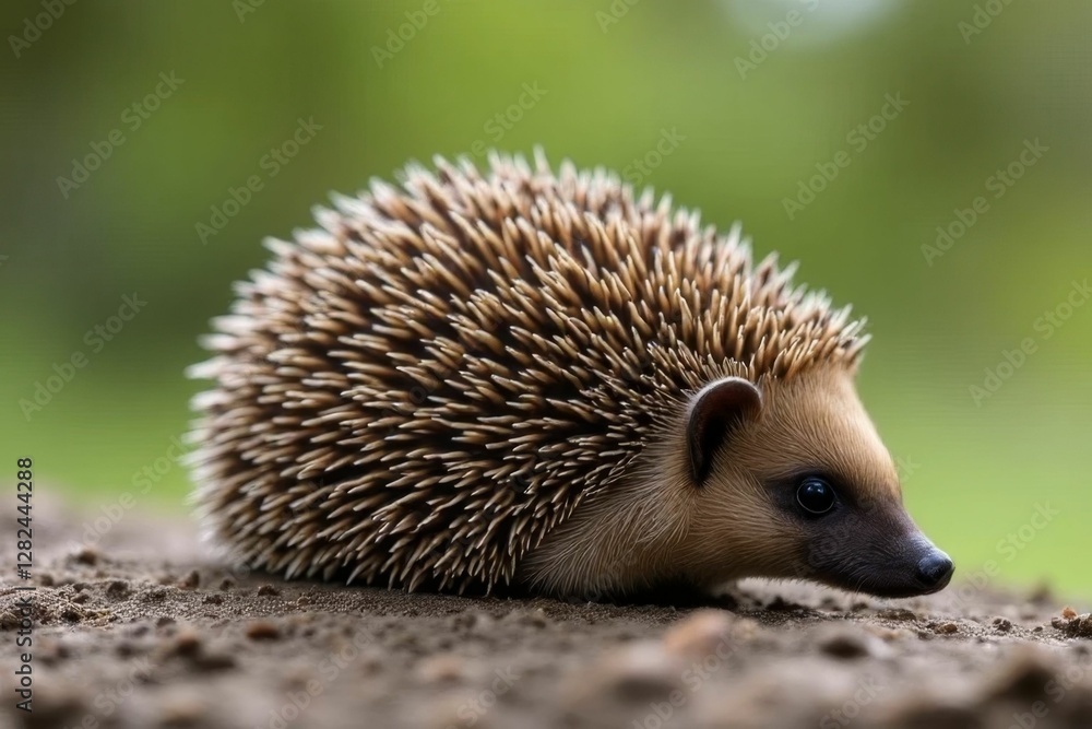 Fototapeta premium Adorable close-up of a hedgehog resting on the ground surrounded by soft green grass in a blurred natural environment