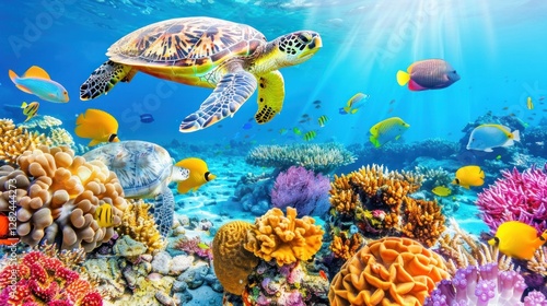 Fototapeta Naklejka Na Ścianę i Meble -  view of turtles swimming on the seabed decorated with coral reefs