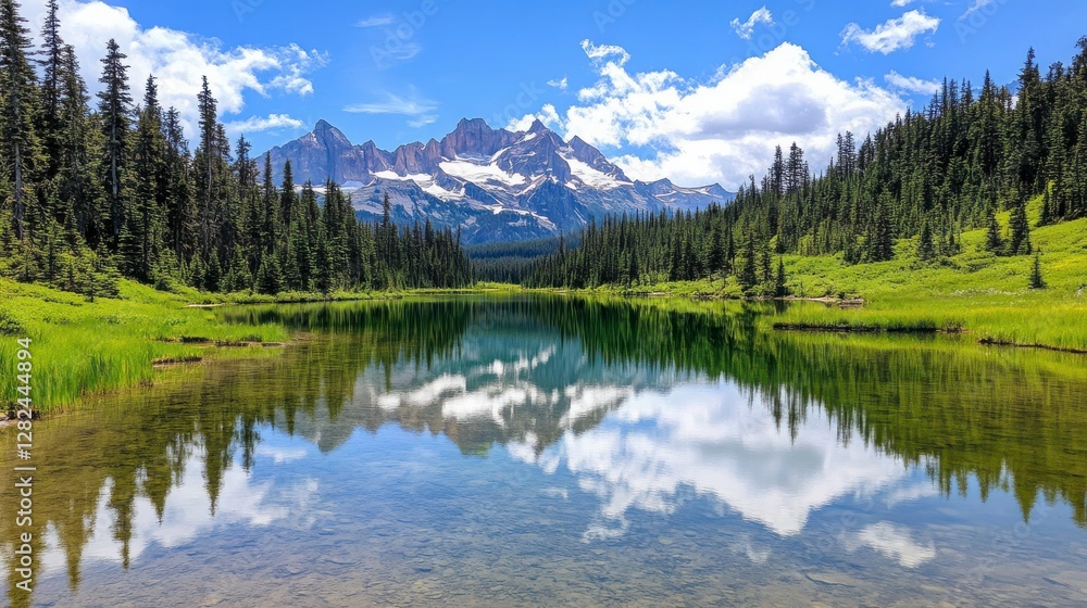 Serene Mountain Landscape with Reflection in Tranquil Lake Waters Serene Mountain Landscape with Reflection in Tranquil Lake Waters