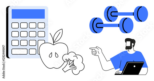 Person using laptop with illustration of calculator, apple, broccoli, and dumbbells. Ideal for fitness, nutrition plans, personal training, health apps, well-being lifestyle coaching diet